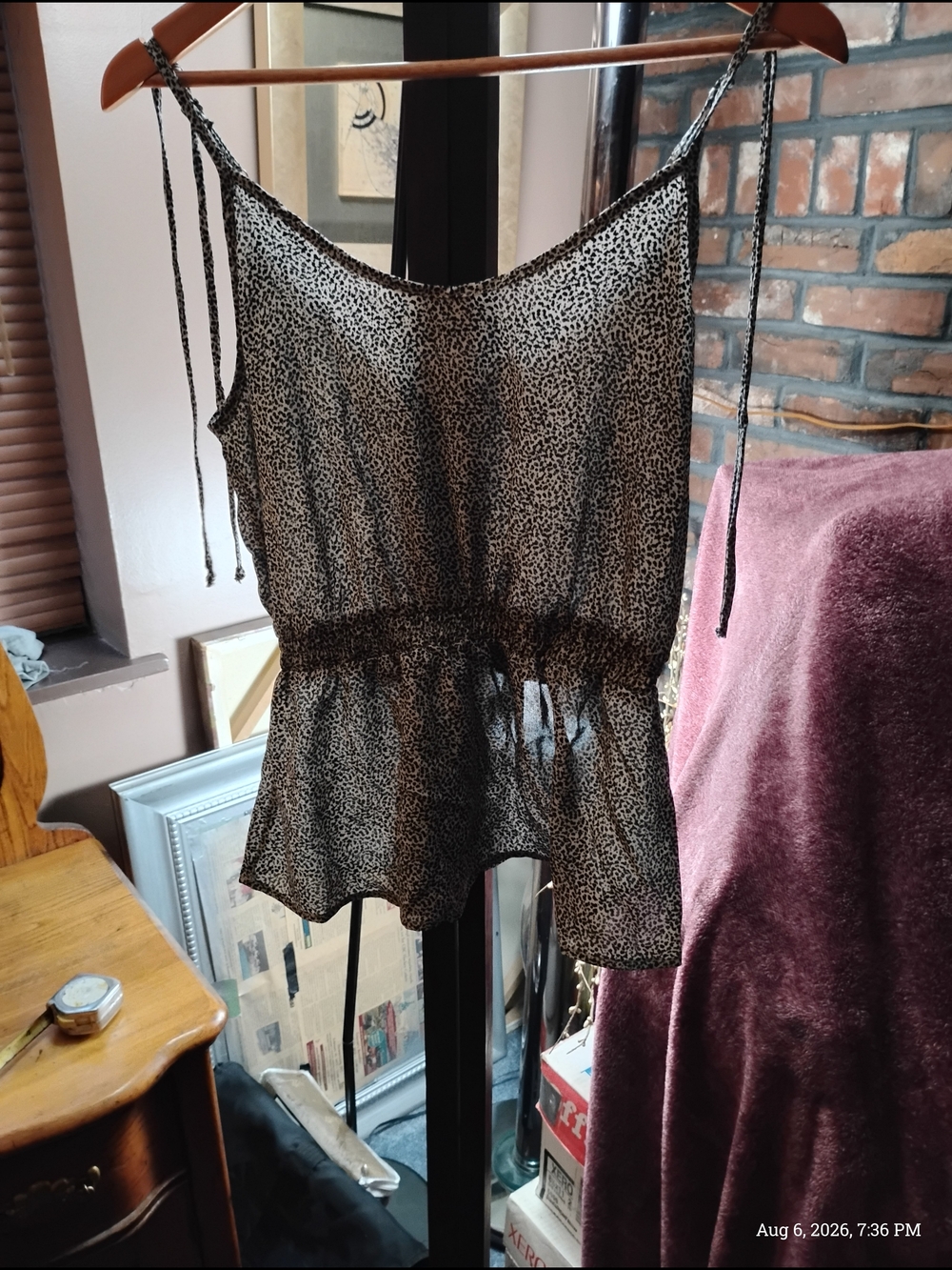 Sienna Sky Black and Cream Small Leopard Print Sheer Drawstring Cami Size: M